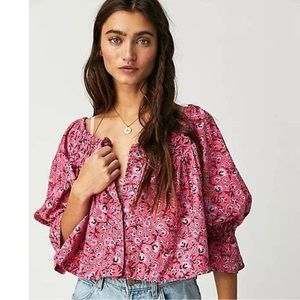 Free People James smocked floral pink blouse Sz Medium NWOT